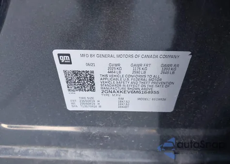 2021 Chevrolet Equinox Fwd Lt z USA, uszkodzony, nr VIN 2GNAXKEV6M6164955